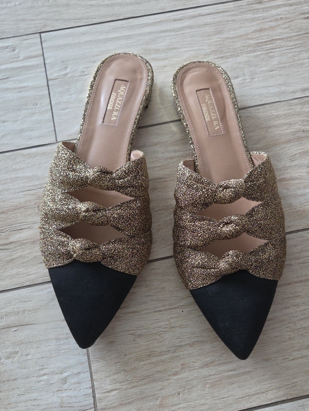 Aquazzura Gold Glitter Braided-Strap Pointed Toe Mule with Black Cap